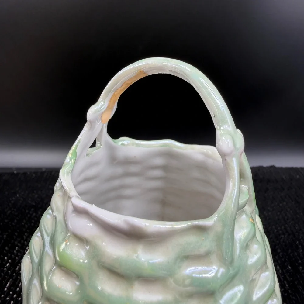 Vintage Germany Miniature Porcelain Flower Basket White Rose Figurine Delicate‎